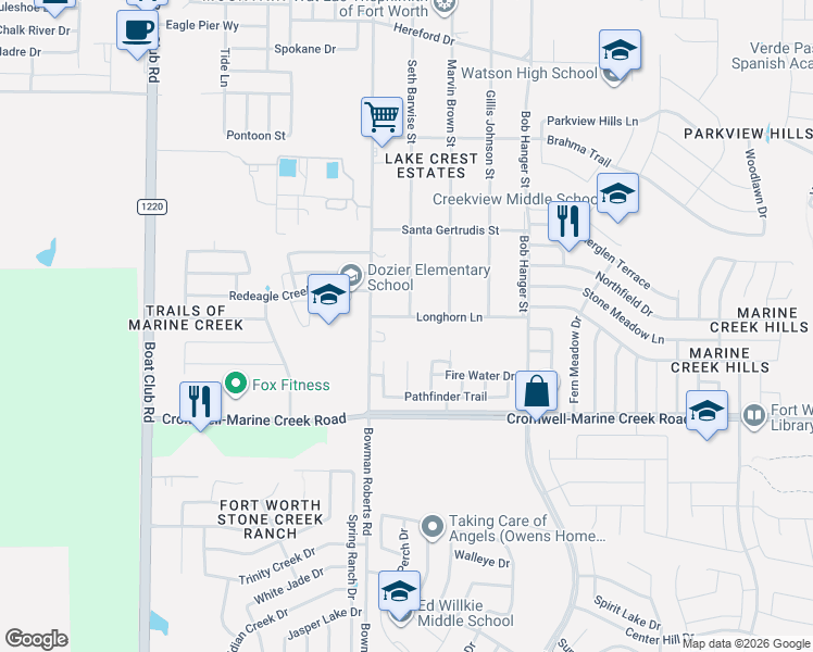 map of restaurants, bars, coffee shops, grocery stores, and more near 6117 Longhorn Lane in Fort Worth