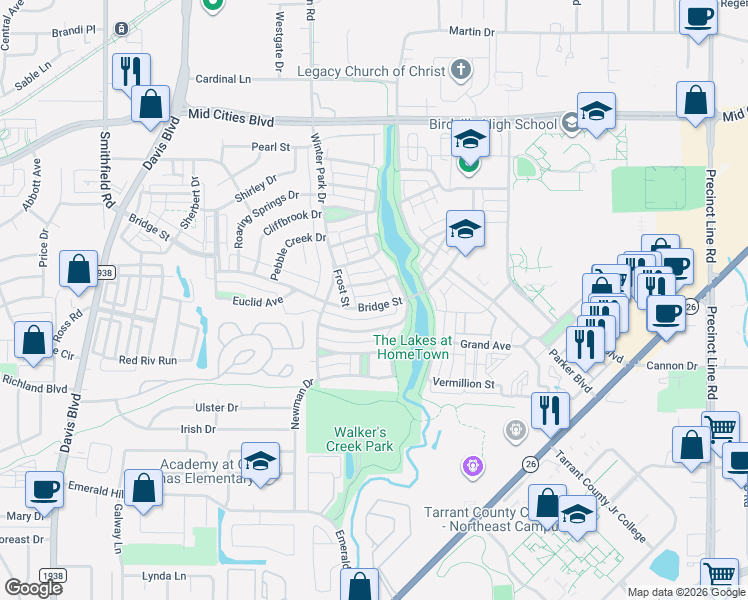 map of restaurants, bars, coffee shops, grocery stores, and more near 6021 Lake Way in North Richland Hills