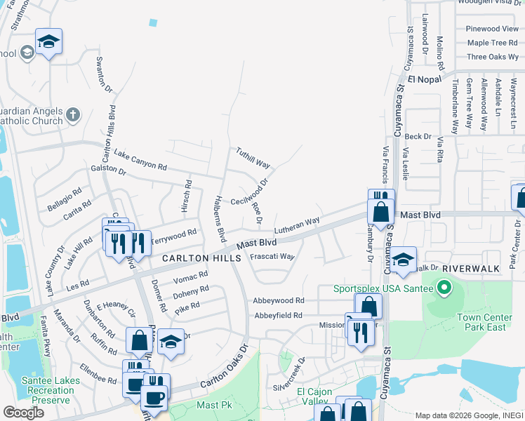 map of restaurants, bars, coffee shops, grocery stores, and more near 9737 Roe Drive in Santee