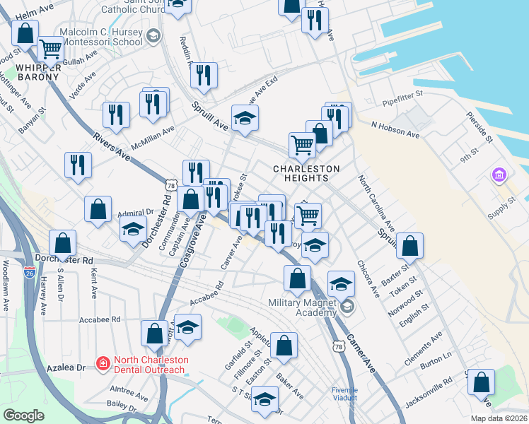 map of restaurants, bars, coffee shops, grocery stores, and more near 3314 Goldenrod Street in North Charleston