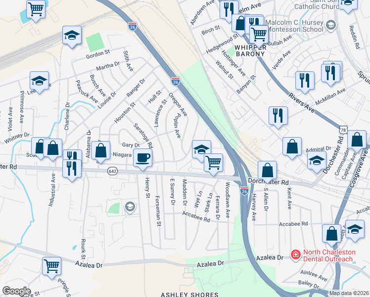 map of restaurants, bars, coffee shops, grocery stores, and more near 2615 Ranger Drive in North Charleston