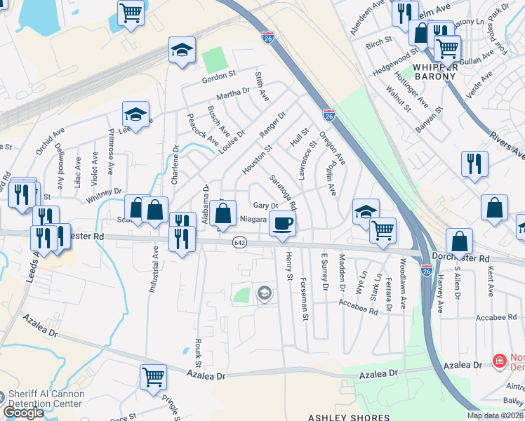 map of restaurants, bars, coffee shops, grocery stores, and more near 4012 Gary Drive in North Charleston