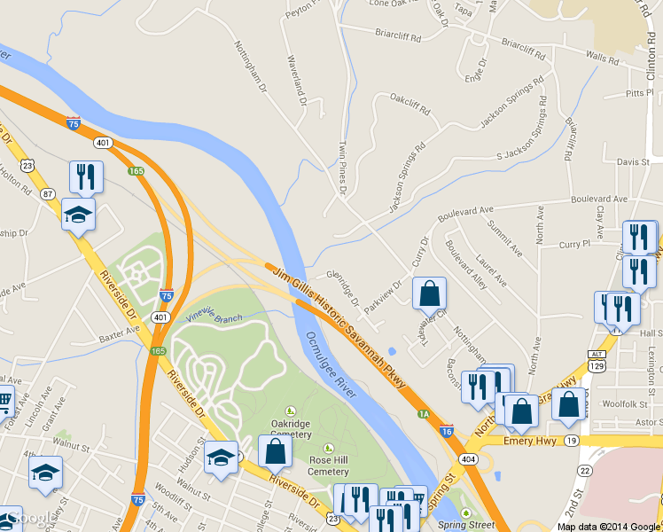 map of restaurants, bars, coffee shops, grocery stores, and more near 939 Glenridge Drive in Macon