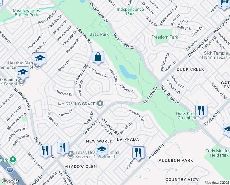 map of restaurants, bars, coffee shops, grocery stores, and more near 5005 Vera Cruz Drive in Garland