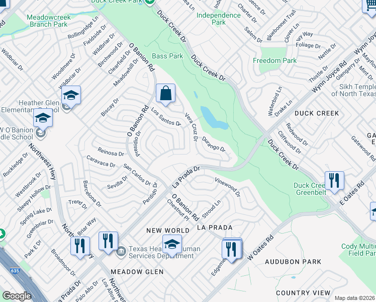 map of restaurants, bars, coffee shops, grocery stores, and more near 5005 Vera Cruz Drive in Garland