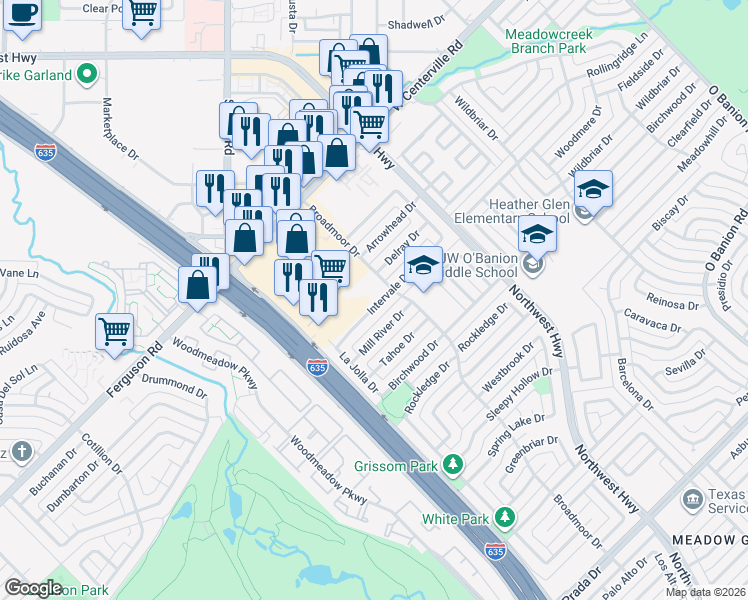 map of restaurants, bars, coffee shops, grocery stores, and more near 5402 Marketplace Drive in Garland