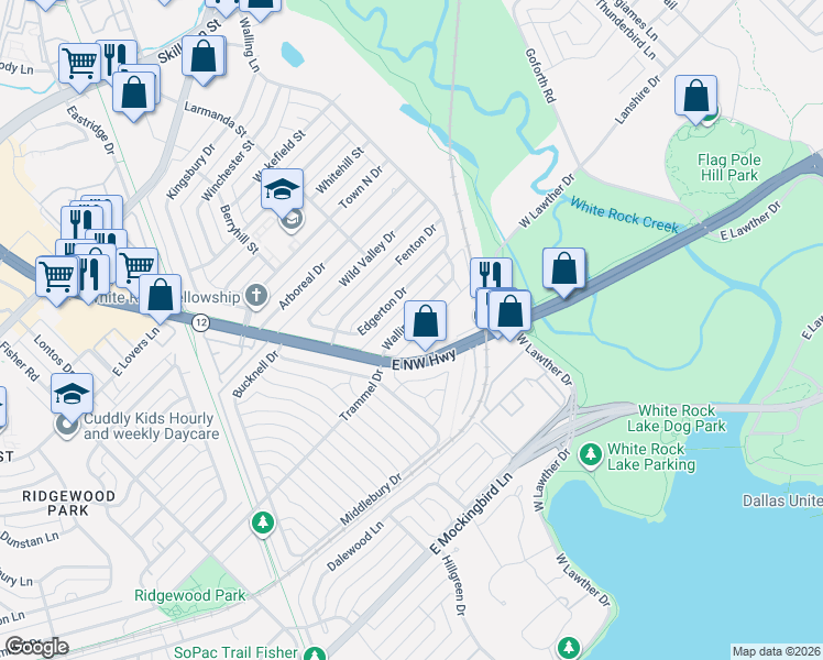 map of restaurants, bars, coffee shops, grocery stores, and more near 7440 Walling Lane in Dallas