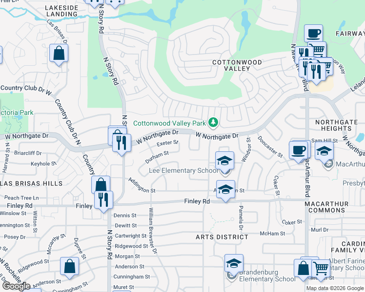 map of restaurants, bars, coffee shops, grocery stores, and more near 1814 West Northgate Drive in Irving