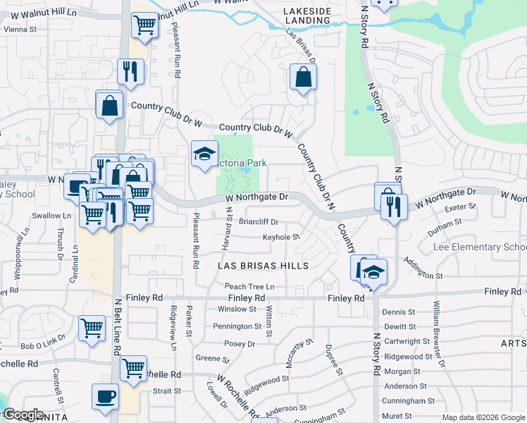 map of restaurants, bars, coffee shops, grocery stores, and more near 2629 Chevy Chase Drive in Irving