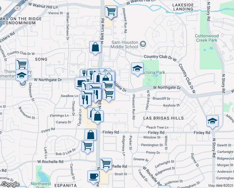 map of restaurants, bars, coffee shops, grocery stores, and more near 3164 West Northgate Drive in Irving