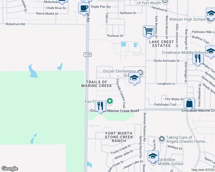map of restaurants, bars, coffee shops, grocery stores, and more near 6341 Redeagle Creek Drive in Fort Worth