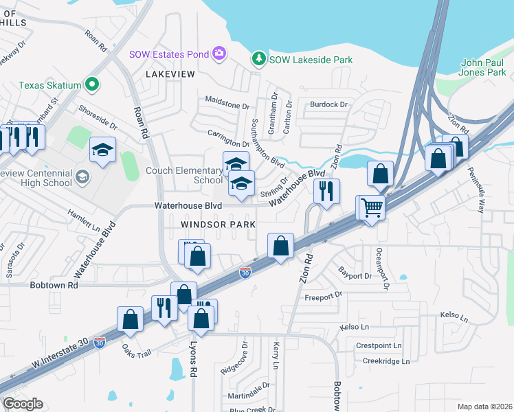 map of restaurants, bars, coffee shops, grocery stores, and more near 5299 Wellington Avenue in Garland