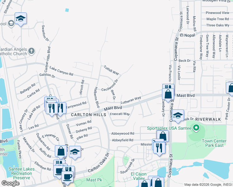map of restaurants, bars, coffee shops, grocery stores, and more near 9737 Roe Drive in Santee