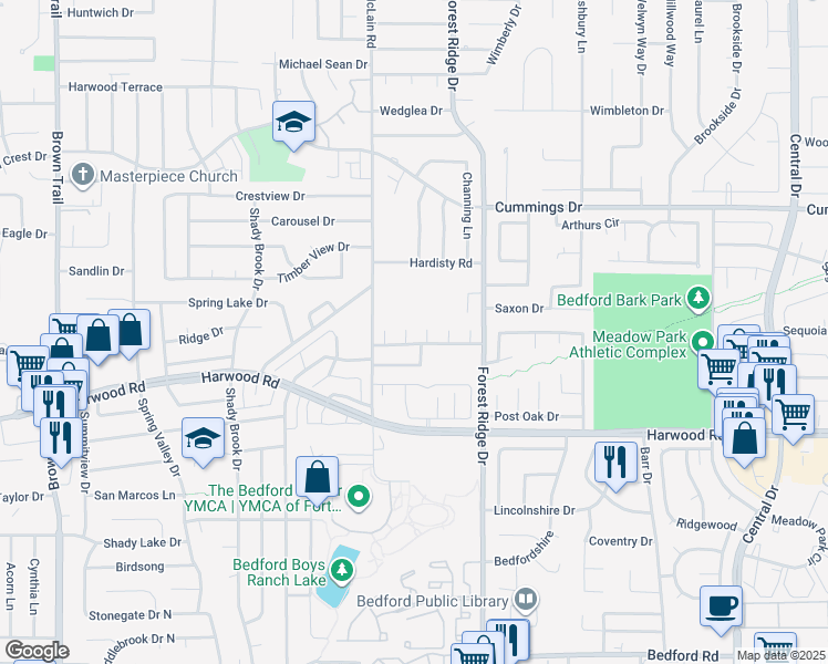 map of restaurants, bars, coffee shops, grocery stores, and more near 3108 Brighton Court in Bedford