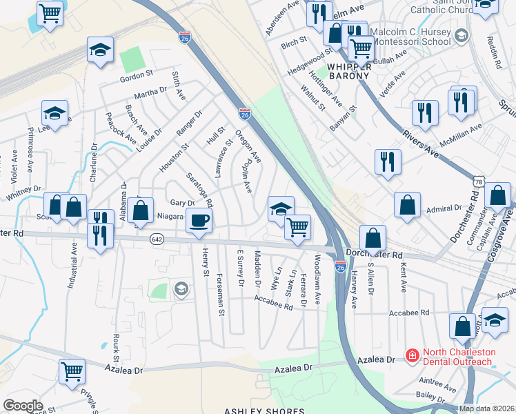 map of restaurants, bars, coffee shops, grocery stores, and more near 2615 Ranger Drive in North Charleston