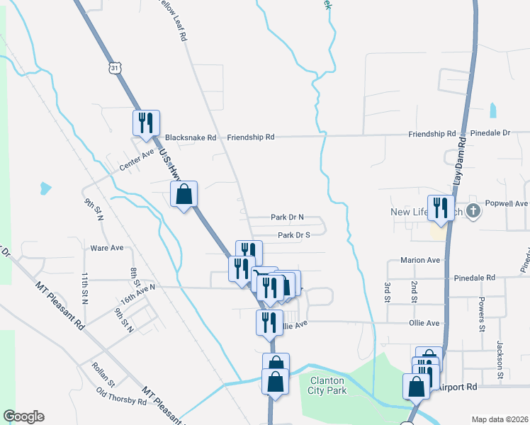 map of restaurants, bars, coffee shops, grocery stores, and more near 129 Park Drive North in Clanton