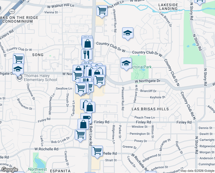 map of restaurants, bars, coffee shops, grocery stores, and more near 3146 West Northgate Drive in Irving