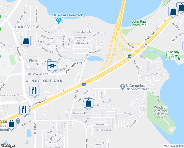 map of restaurants, bars, coffee shops, grocery stores, and more near 825 East Interstate 30 in Garland