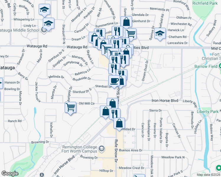 map of restaurants, bars, coffee shops, grocery stores, and more near 6001 Rufe Snow Drive in Watauga
