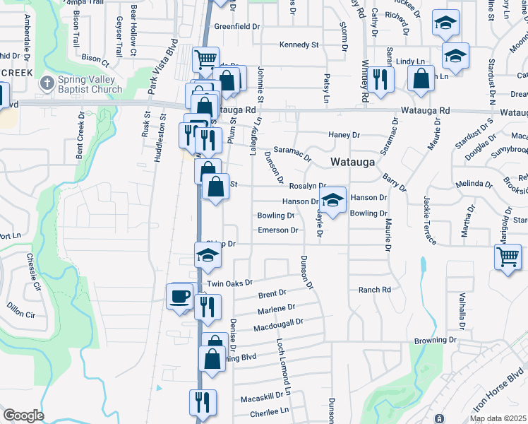 map of restaurants, bars, coffee shops, grocery stores, and more near 5717 Hanson Drive in Watauga