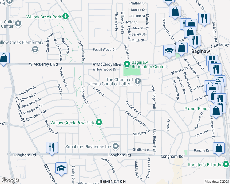 map of restaurants, bars, coffee shops, grocery stores, and more near 716 Big Willow Drive in Saginaw