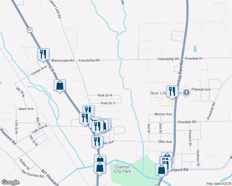 map of restaurants, bars, coffee shops, grocery stores, and more near 129-199 Park Drive North in Clanton