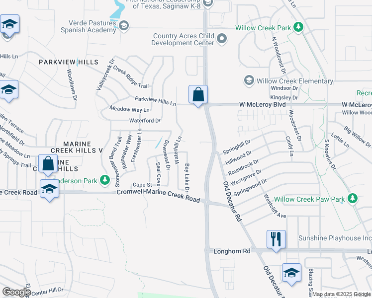 map of restaurants, bars, coffee shops, grocery stores, and more near 4704 Boothbay Way in Fort Worth