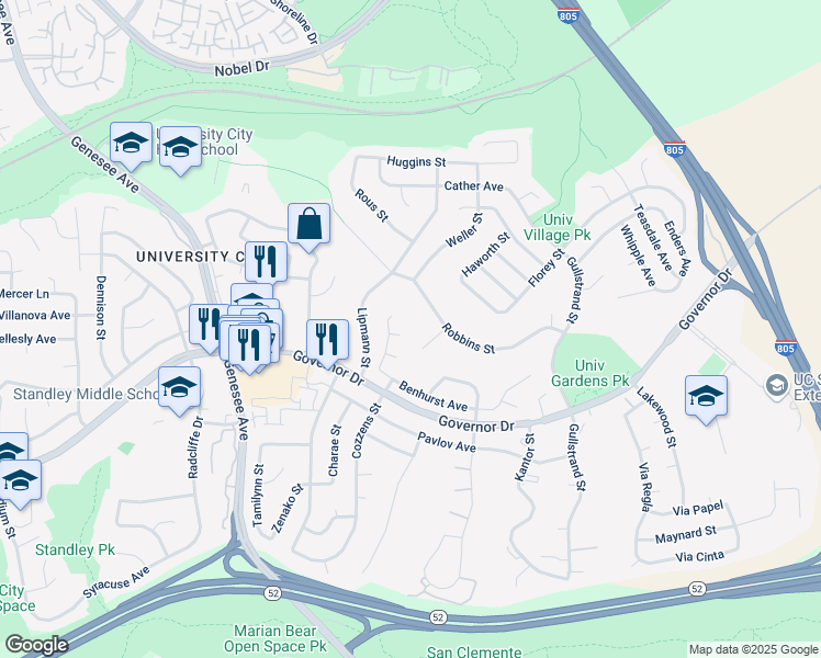 map of restaurants, bars, coffee shops, grocery stores, and more near 6492 Farley Drive in San Diego