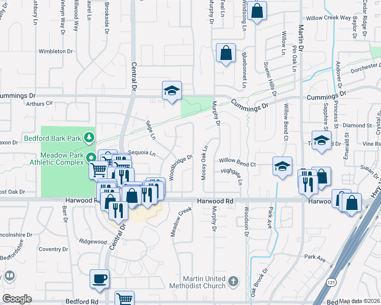map of restaurants, bars, coffee shops, grocery stores, and more near 3013 Woodbridge Drive in Bedford