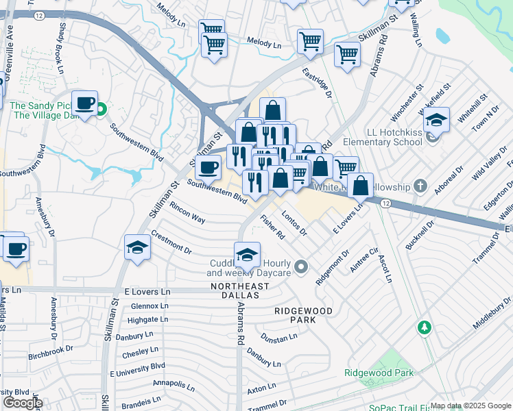 map of restaurants, bars, coffee shops, grocery stores, and more near 318 Medallion Shopping Center in Dallas