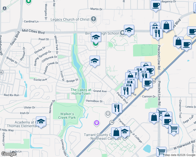 map of restaurants, bars, coffee shops, grocery stores, and more near 8950-8998 Hawk Avenue in North Richland Hills