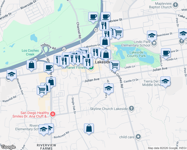 map of restaurants, bars, coffee shops, grocery stores, and more near 12443 Woodside Avenue in Lakeside