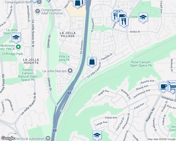 map of restaurants, bars, coffee shops, grocery stores, and more near 4060 Rosenda Court in San Diego