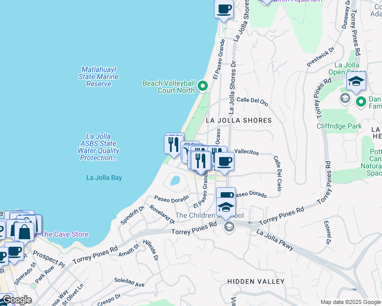 map of restaurants, bars, coffee shops, grocery stores, and more near 8263 Camino Del Oro in San Diego