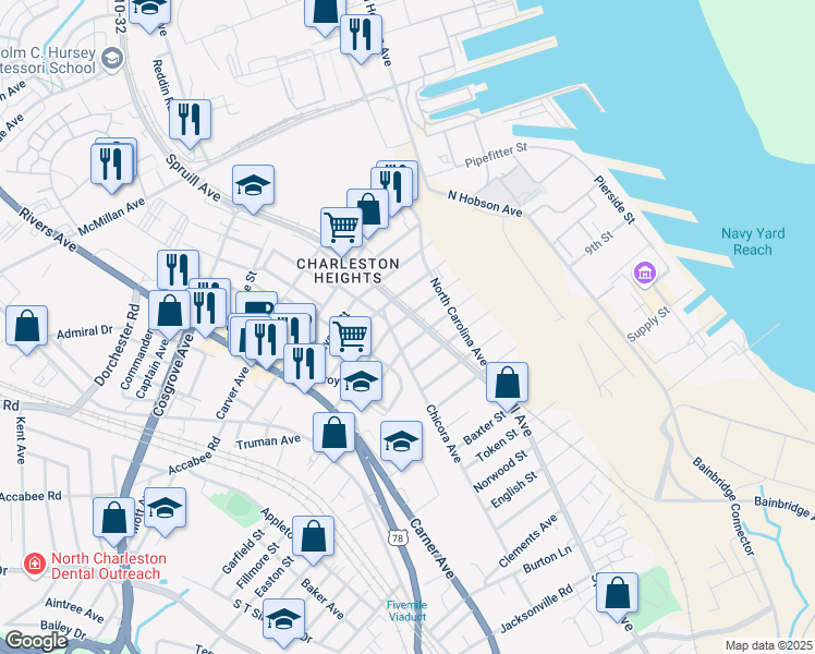 map of restaurants, bars, coffee shops, grocery stores, and more near 1826 Success Street in North Charleston