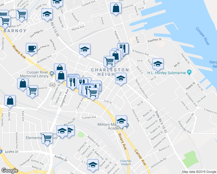 map of restaurants, bars, coffee shops, grocery stores, and more near 1914 Grayson Street in North Charleston
