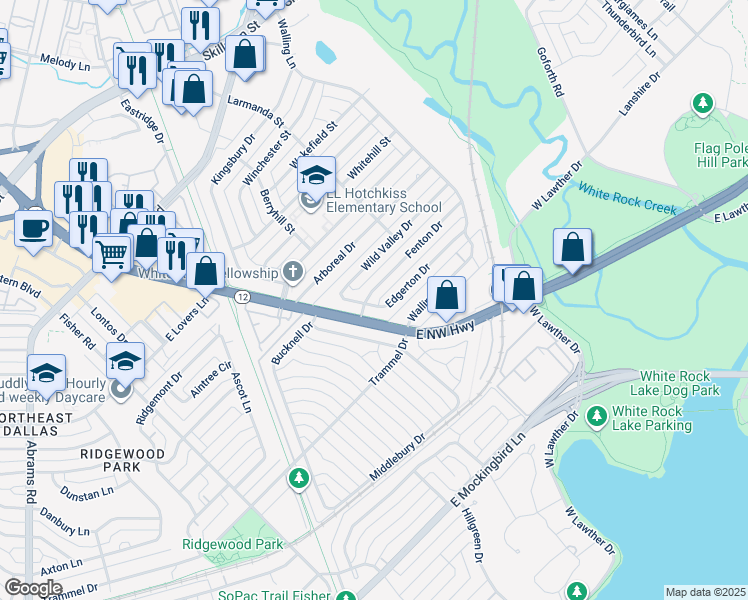 map of restaurants, bars, coffee shops, grocery stores, and more near 7195 Fenton Drive in Dallas