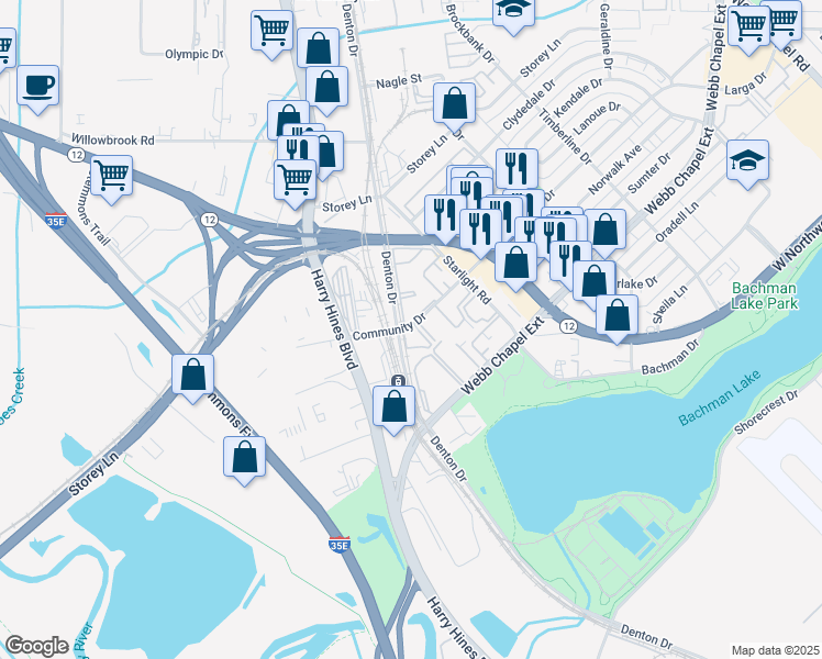 map of restaurants, bars, coffee shops, grocery stores, and more near 9809 Denton Drive in Dallas