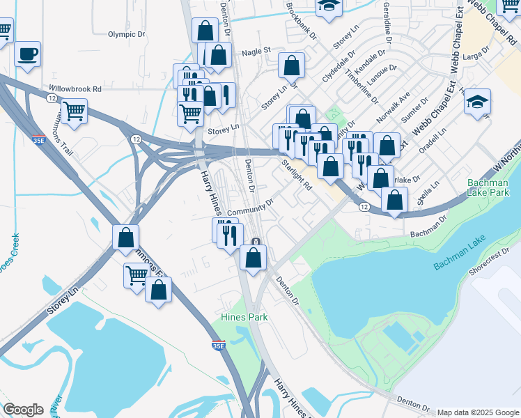 map of restaurants, bars, coffee shops, grocery stores, and more near 9809 Denton Drive in Dallas