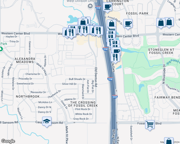 map of restaurants, bars, coffee shops, grocery stores, and more near 6101 Old Denton Road in Fort Worth