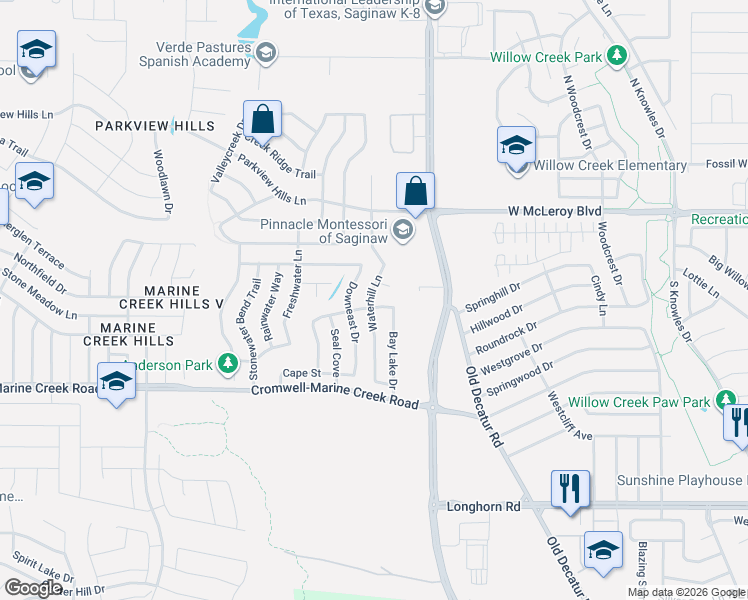 map of restaurants, bars, coffee shops, grocery stores, and more near 6521 Waterhill Lane in Fort Worth