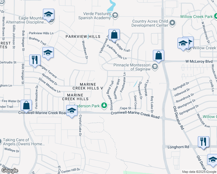 map of restaurants, bars, coffee shops, grocery stores, and more near 6433 Riverwater Trail in Fort Worth