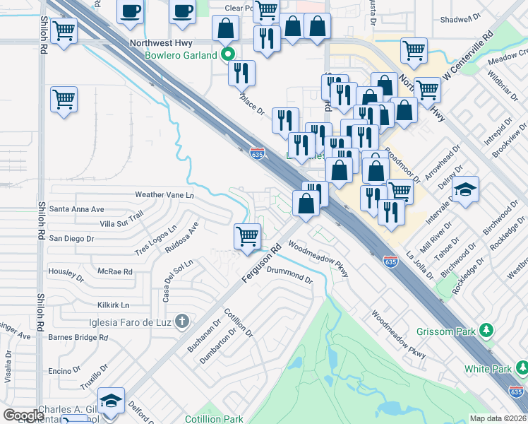 map of restaurants, bars, coffee shops, grocery stores, and more near 11611 Ferguson Road in Dallas