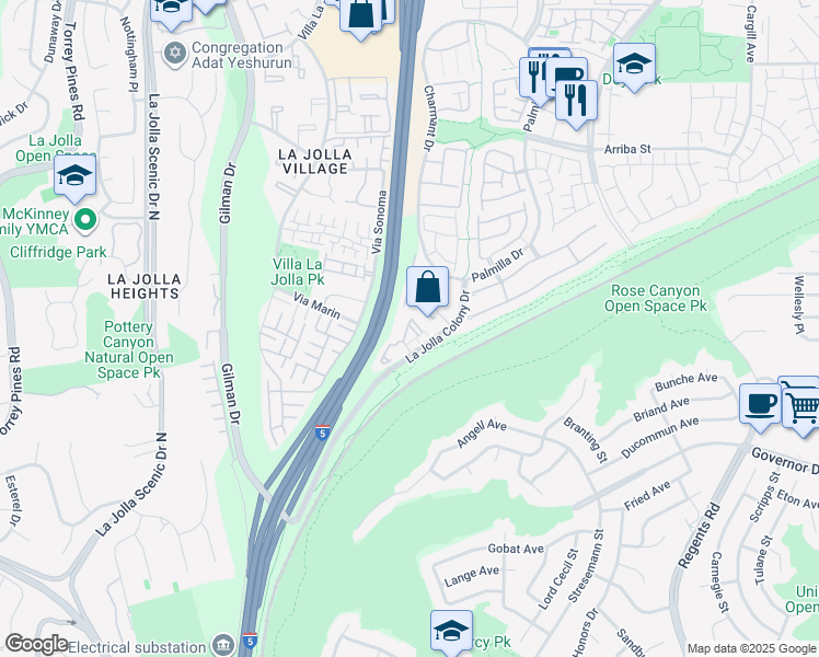 map of restaurants, bars, coffee shops, grocery stores, and more near 4060 Rosenda Court in San Diego