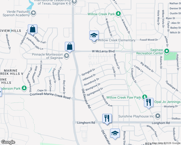 map of restaurants, bars, coffee shops, grocery stores, and more near 1097 Springhill Drive in Saginaw