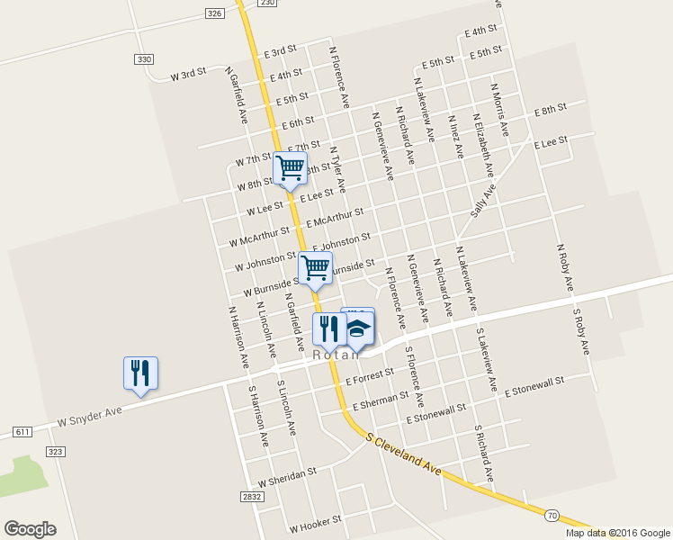 map of restaurants, bars, coffee shops, grocery stores, and more near 404 North McKinley Avenue in Rotan