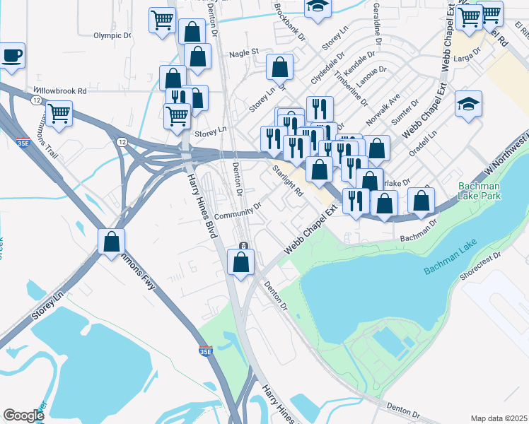 map of restaurants, bars, coffee shops, grocery stores, and more near 2514 Community Drive in Dallas