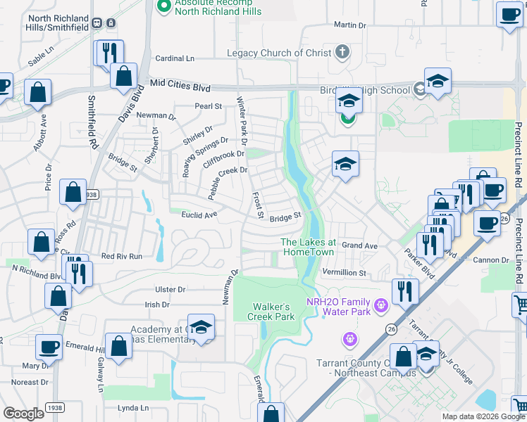 map of restaurants, bars, coffee shops, grocery stores, and more near 8601 Summer Tree Lane in Fort Worth