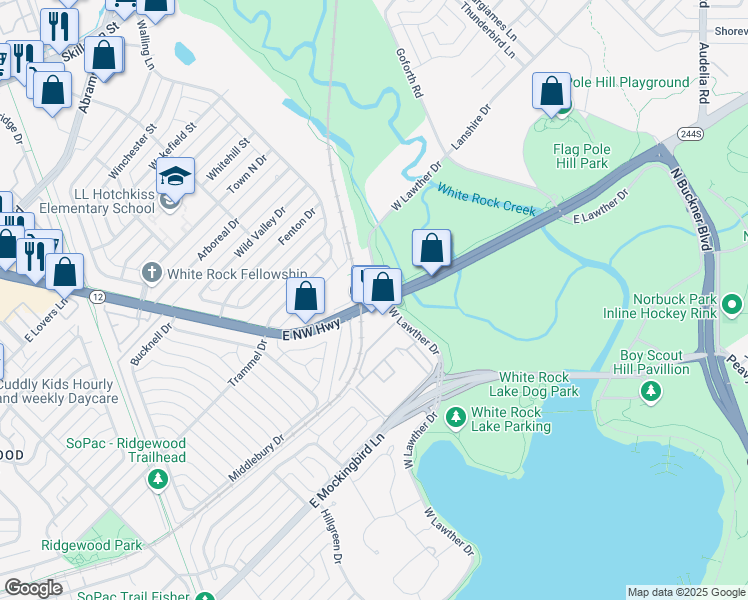 map of restaurants, bars, coffee shops, grocery stores, and more near 7545 East Northwest Highway in Dallas