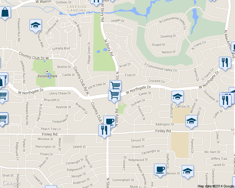 map of restaurants, bars, coffee shops, grocery stores, and more near W Northgate Dr & N Story Rd in Irving